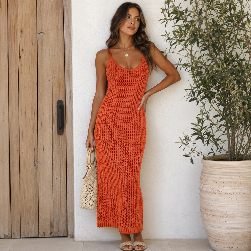 Forever 21 Burnt Orange Crochet Knit Sleeveless Midi Dress Small Boho Beach